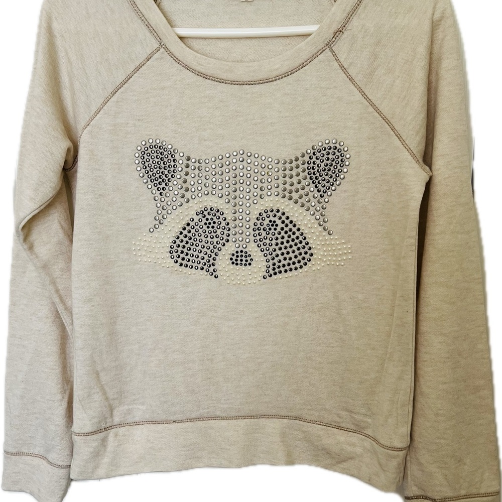Rewind Tan Crewneck Sweater with Metallic Panda Design (Juniors)